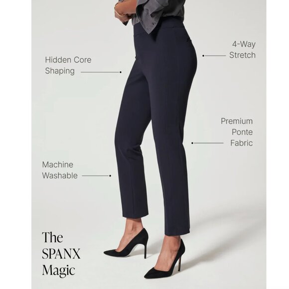SPANX PerfectFit Ponte Slim Straight Pant in Navy Pinstripe Pull-on pants sz L - Picture 2 of 12